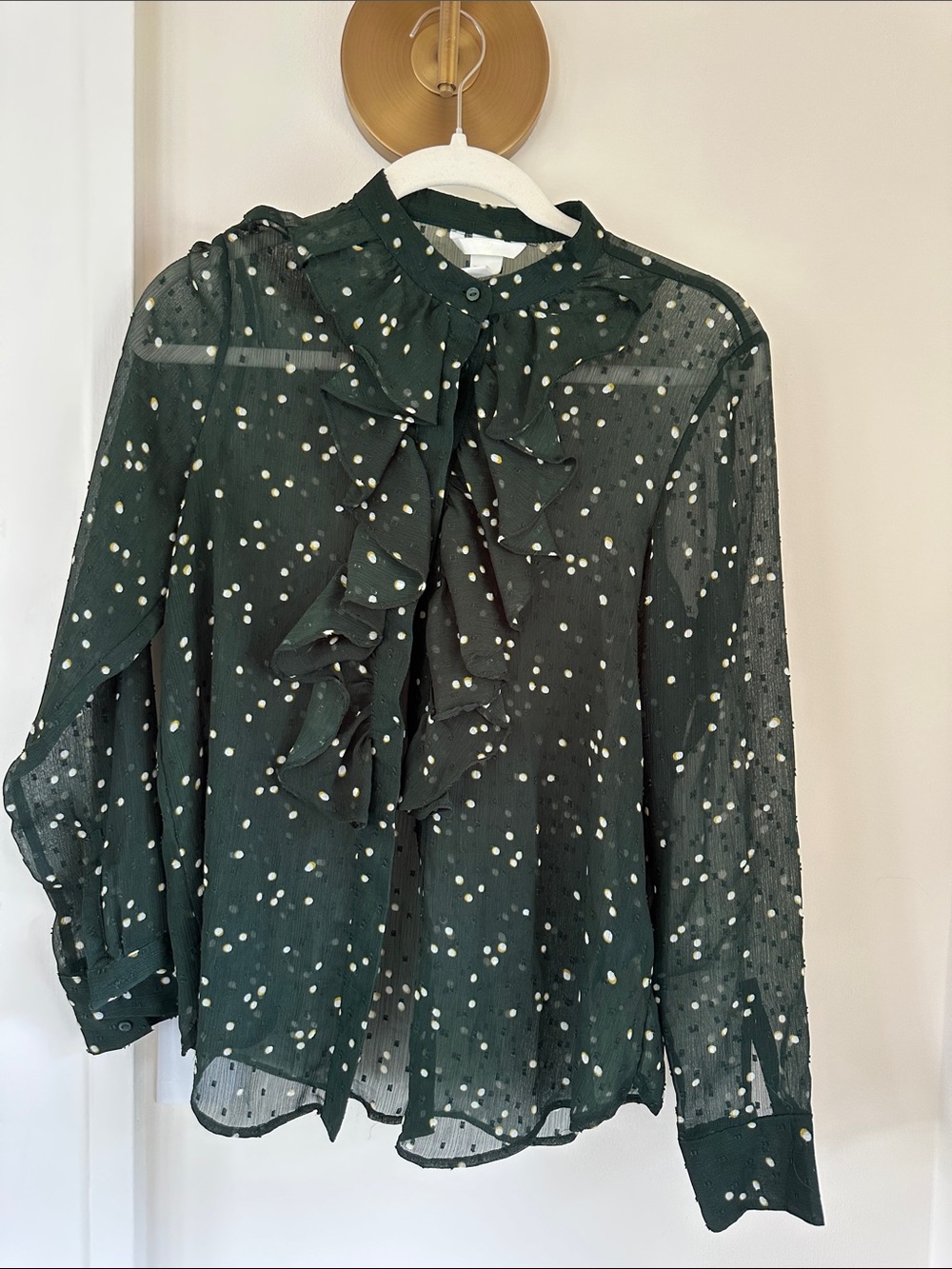 H&M Dark Green Sheer Ruffle Dot Blouse - size 8